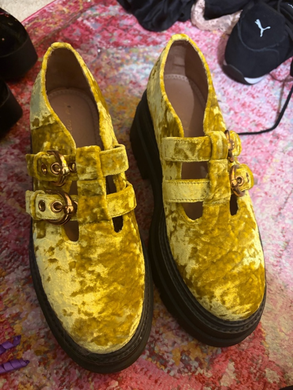 Yellow Velvet Double-Buckle Platform Mary Jane Mules